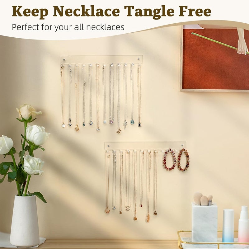 milylove Acrylic Necklace Holder 4 Pack Wall Mounted Necklace Organizer Hanging Jewelry Organizer with 12 Hooks for Necklaces, Bracelets, Rings and Bangles Display - Image 2
